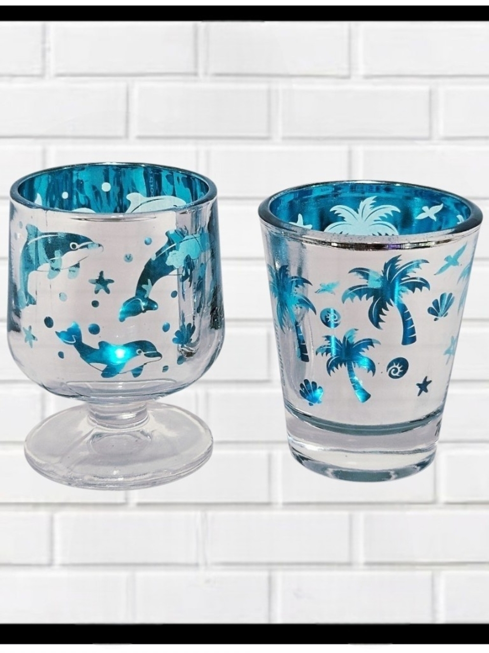 SHOT GLASSES Pair Metallic Aqua Foil Dolphin Palm Tree Tybee Island